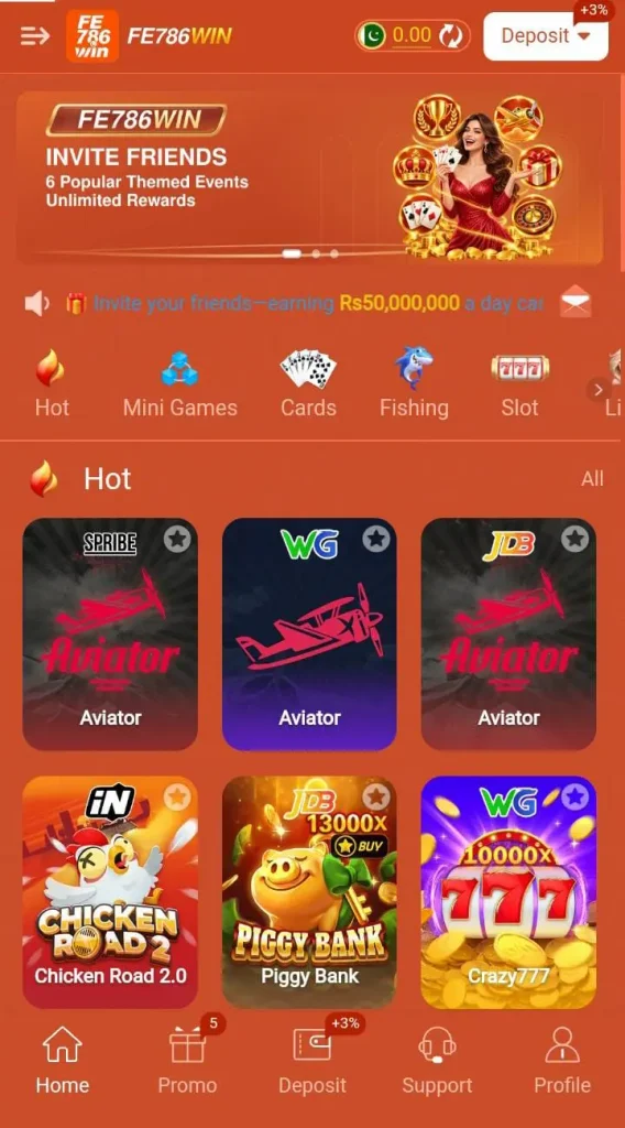 FE786WIN Game home screen showing game categories and featured games