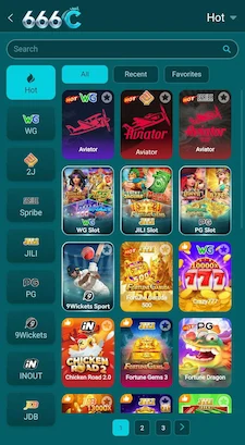 666C Game categories including Mini Games, Cards, Fishing, and Slot