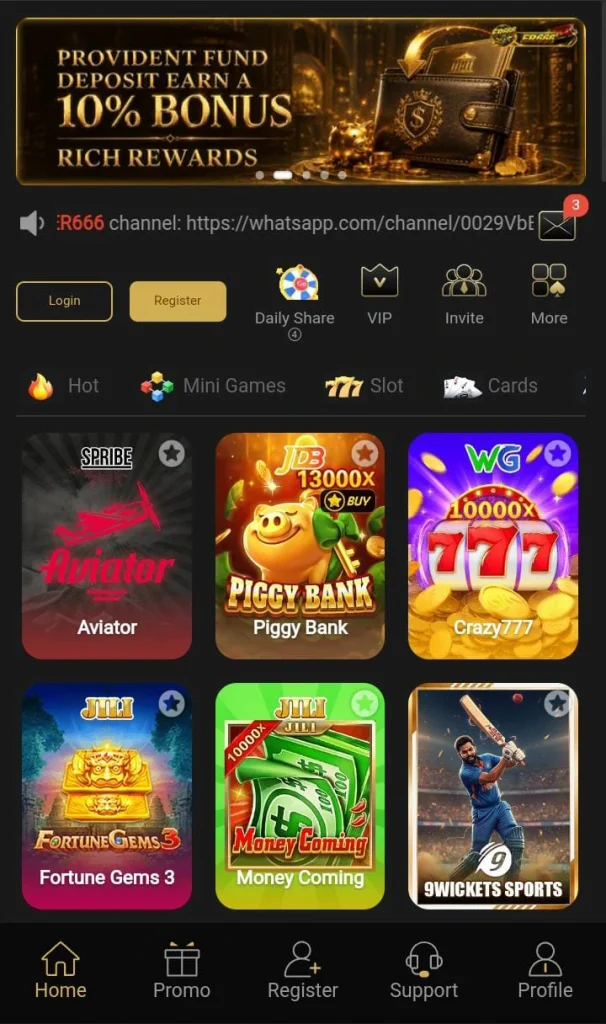 ER666 Game Android interface showing game categories and account options